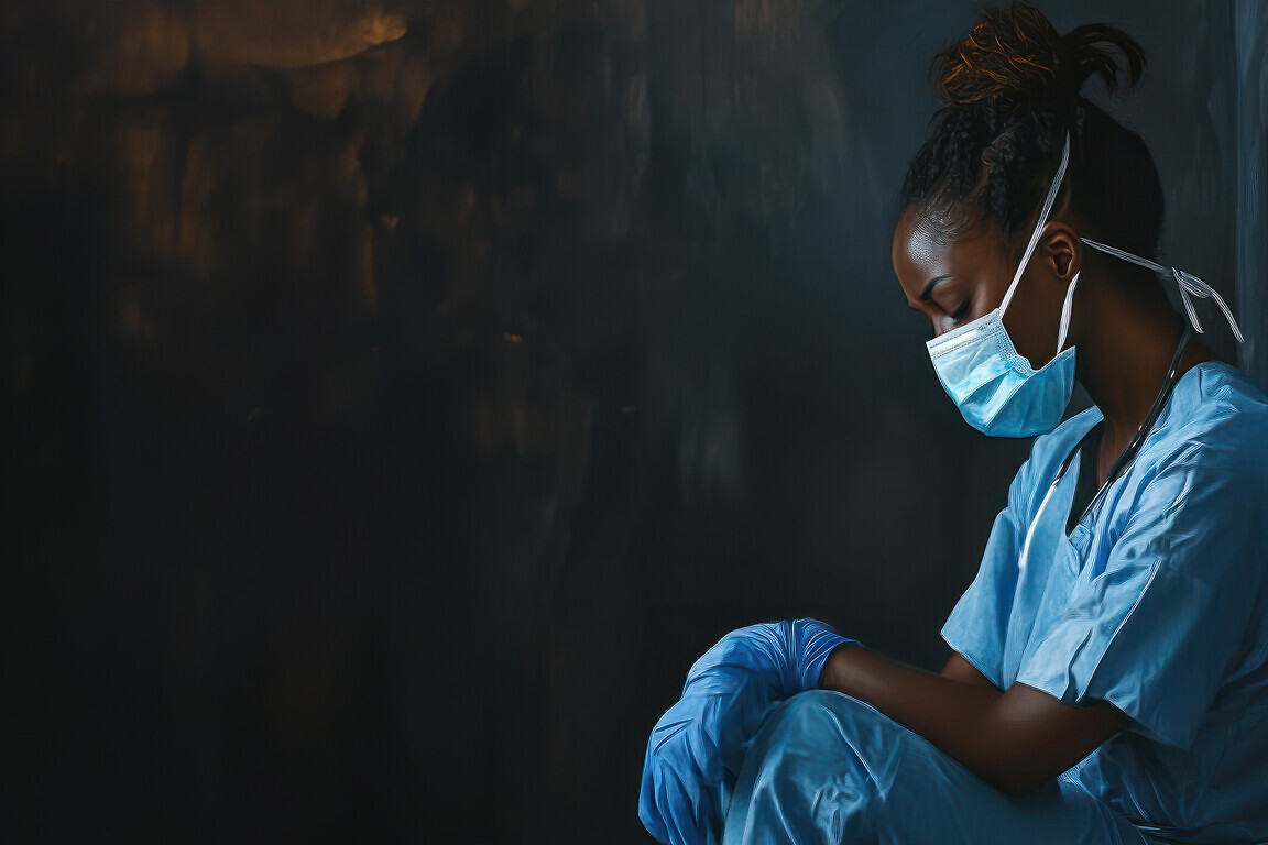 Tired exhausted female scrub nurse wears face mask blue uniform gloves sits on hospital floor.