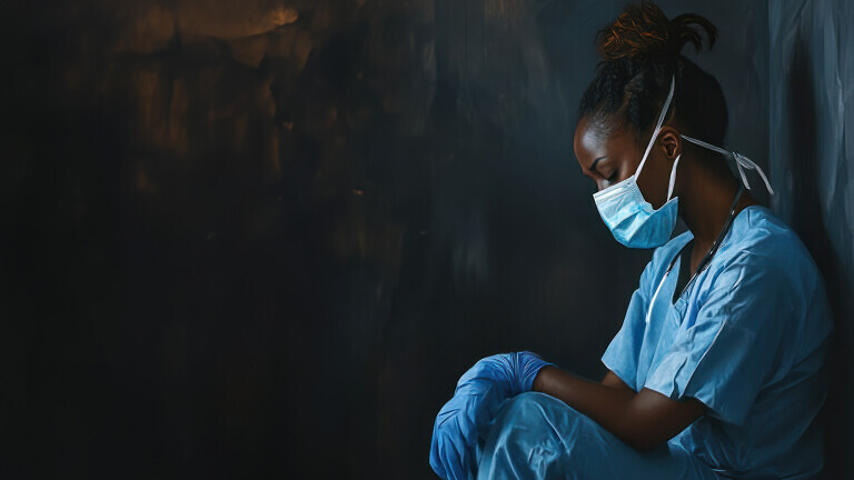 Tired exhausted female scrub nurse wears face mask blue uniform gloves sits on hospital floor.