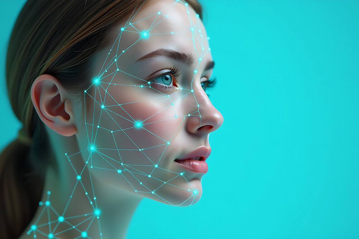 Digital facial analysis, a young womans face overlaid with a wir