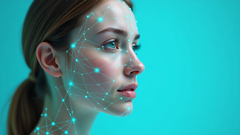 Digital facial analysis, a young womans face overlaid with a wir