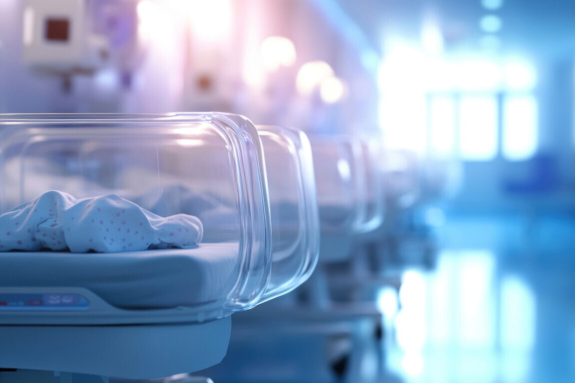 baby beds in the hospital, blurred background with white cradles