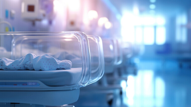 baby beds in the hospital, blurred background with white cradles