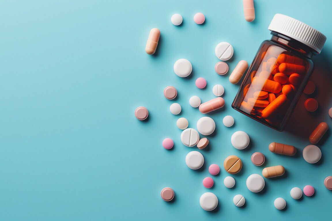 Close-up of medicine bottle, scattered pills on flat color background. Empty jar, various tablets, capsules, antibiotic medicine. Top view with copy space for text, suitable for pharmacy, healthcare
