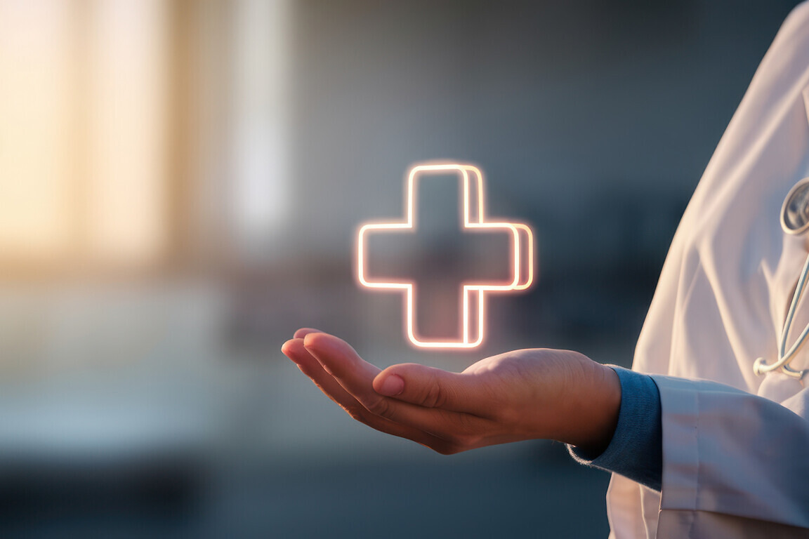 A healthcare professional's hand displays a glowing health symbol