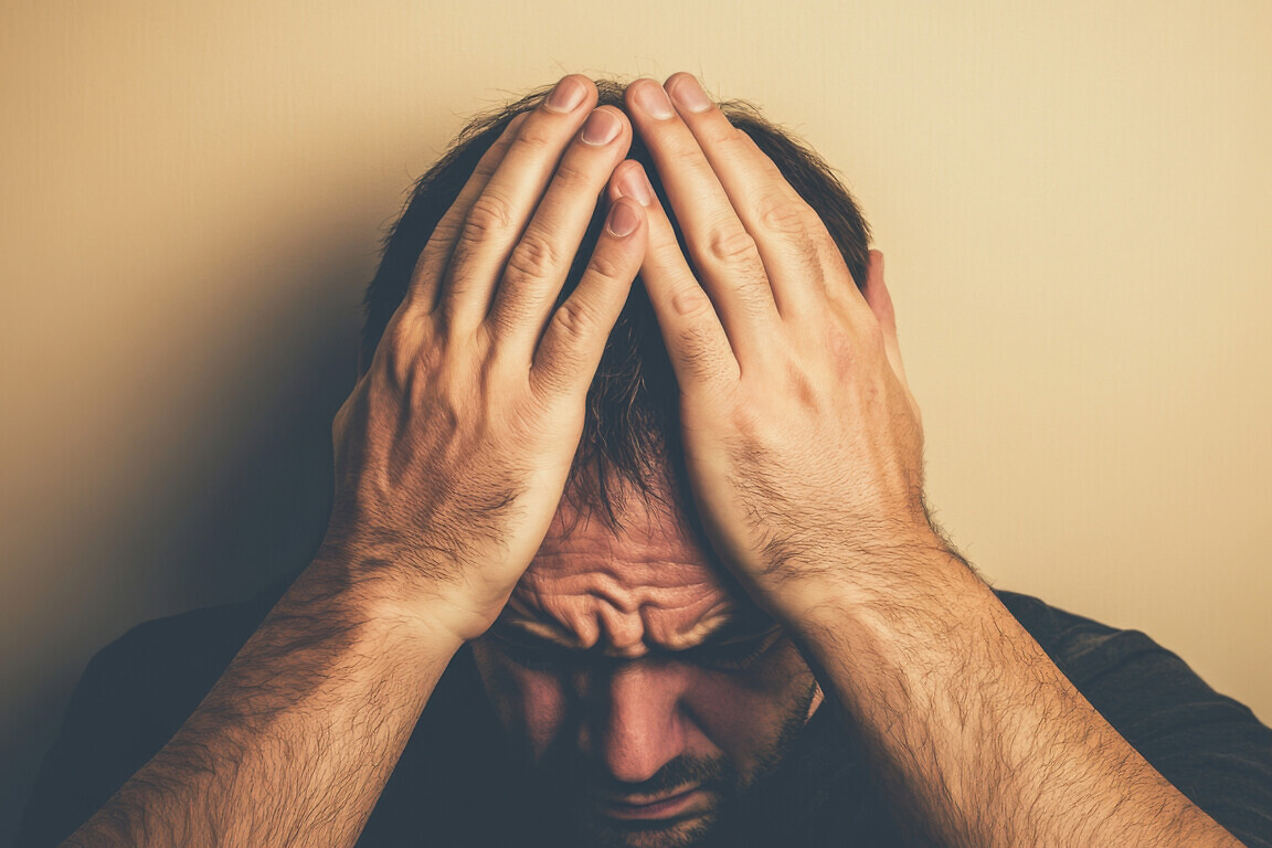 A Frustrated Patient Holding Head in Painful Expression.