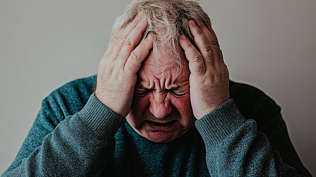 A Frustrated Patient Holding Head in Painful Expression.