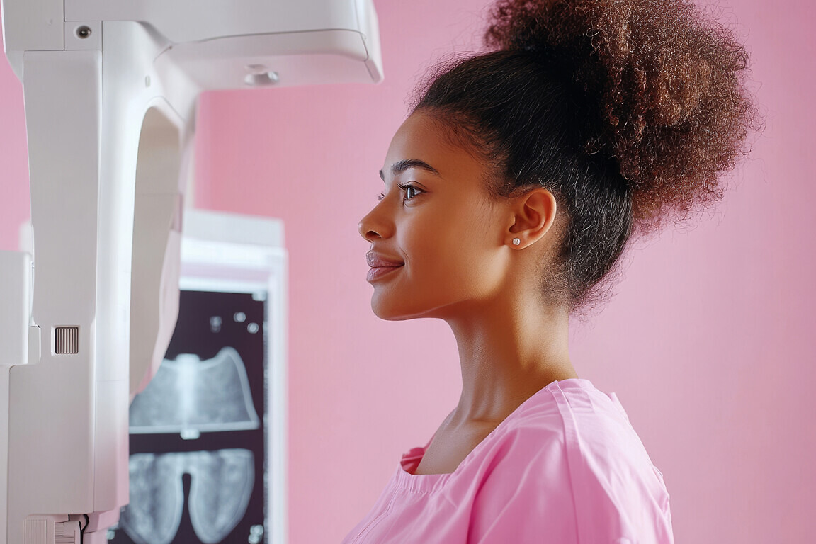 woman undergoing mammogram examination in medical setting, showcasing importance of health screenings. environment is bright and supportive, emphasizing care and awareness.