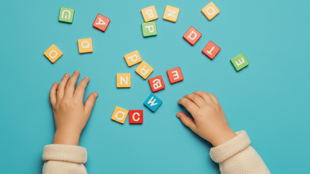 Toddler playing with colorful alphabet letters on a vibrant blue background, promoting early childhood education and language development