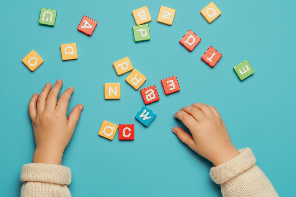 Toddler playing with colorful alphabet letters on a vibrant blue background, promoting early childhood education and language development