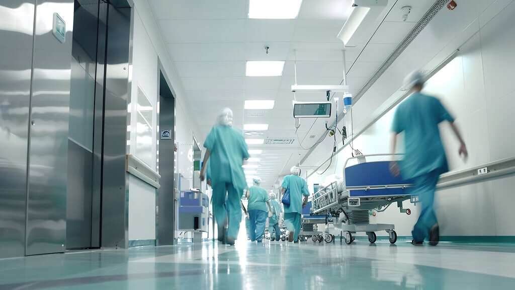 Busy hospital corridor with moving staff