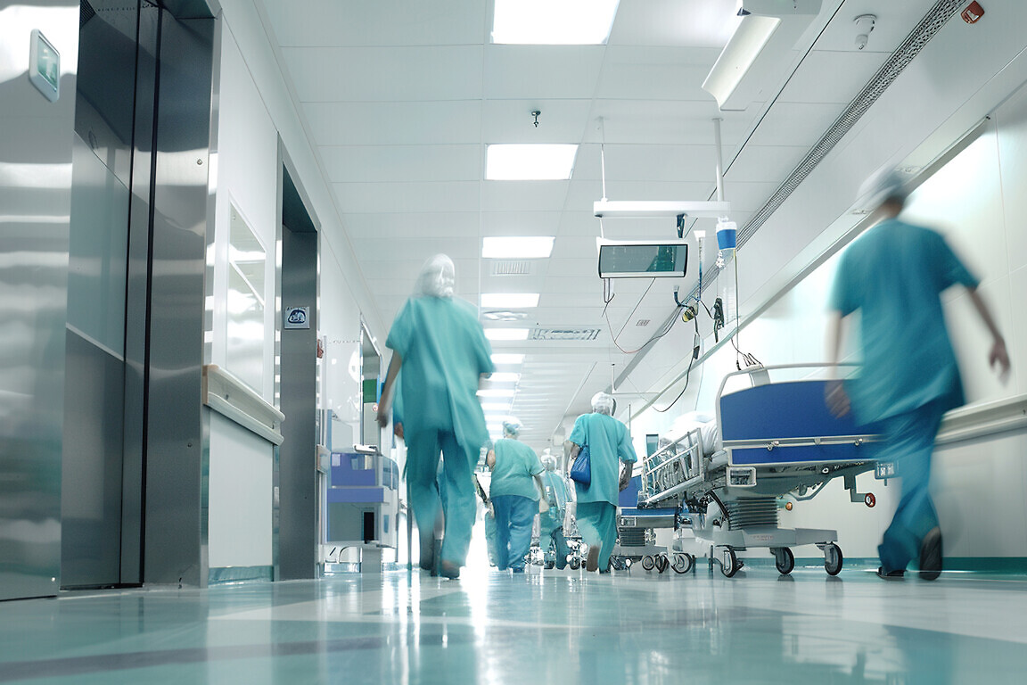 Busy hospital corridor with moving staff