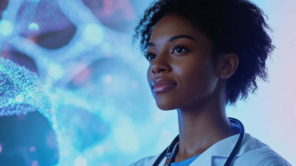 healthcare professional standing confidently with stethoscope, showcasing futuristic background of blue and purple digital patterns.