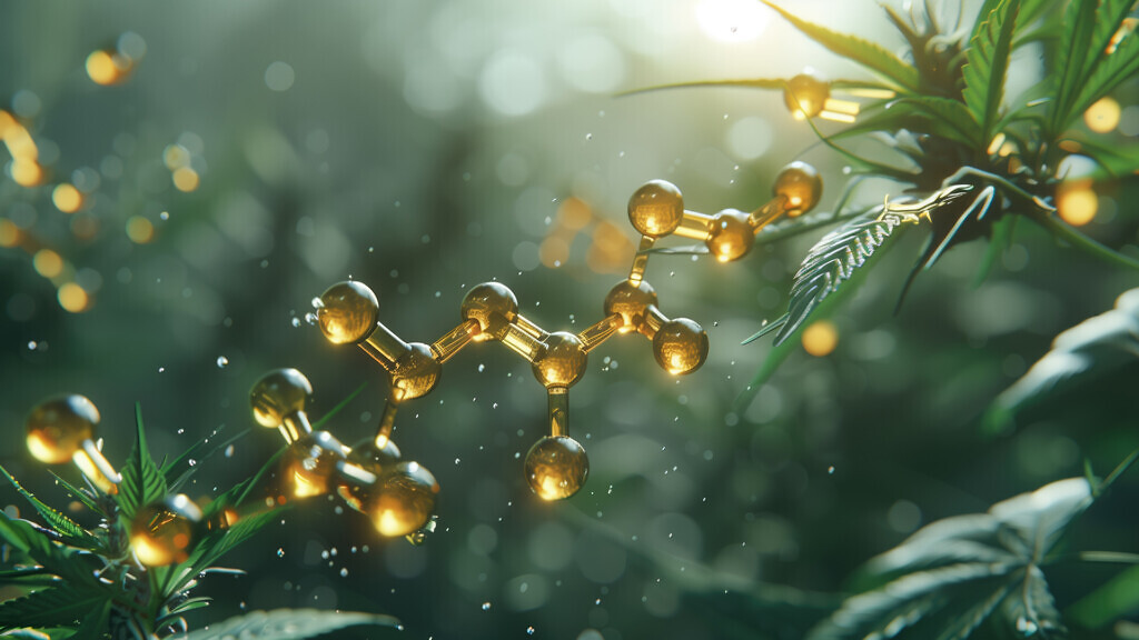 Glowing molecular structure of cannabinoids amidst cannabis leaves in sunlight