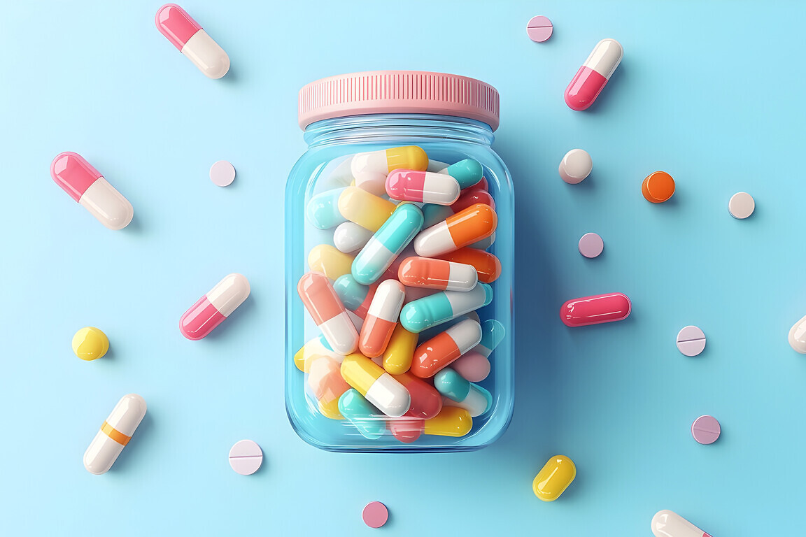 3D glass jar filled with assorted colorful medication pills capsules and tablets against a vibrant blue background Ideal for medical pharmaceutical or healthcare advertising campaigns