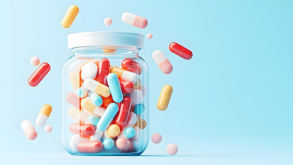 3D glass jar filled with assorted colorful medication pills capsules and tablets against a vibrant blue background Ideal for medical pharmaceutical or healthcare advertising campaigns