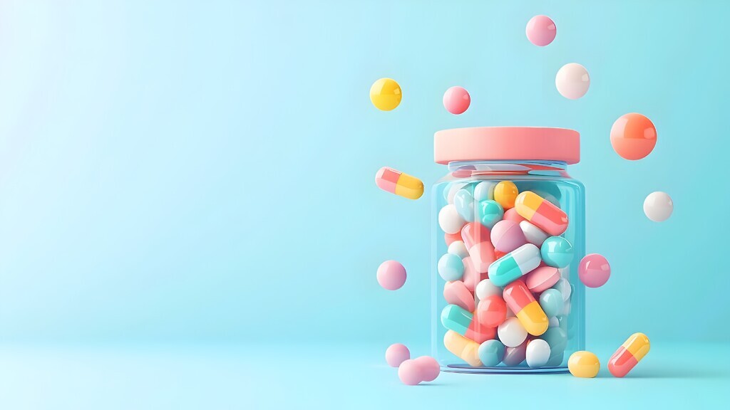 3D glass jar filled with assorted colorful medication pills capsules and tablets against a vibrant blue background Ideal for medical pharmaceutical or healthcare advertising campaigns