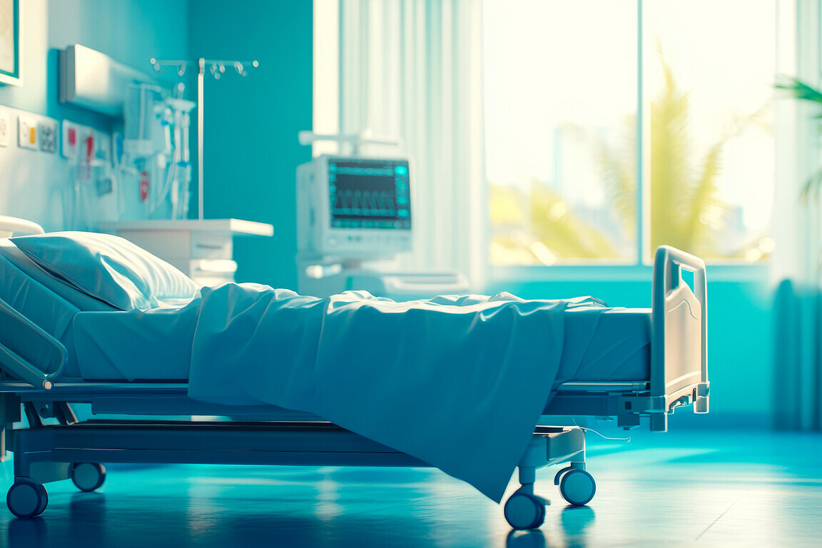 Empty hospital bed in sunlit recovery room with medical equipment.