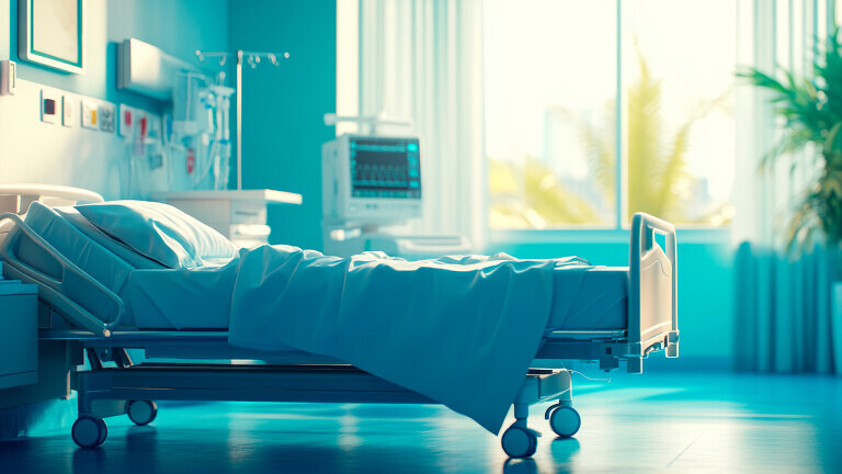 Empty hospital bed in sunlit recovery room with medical equipment.