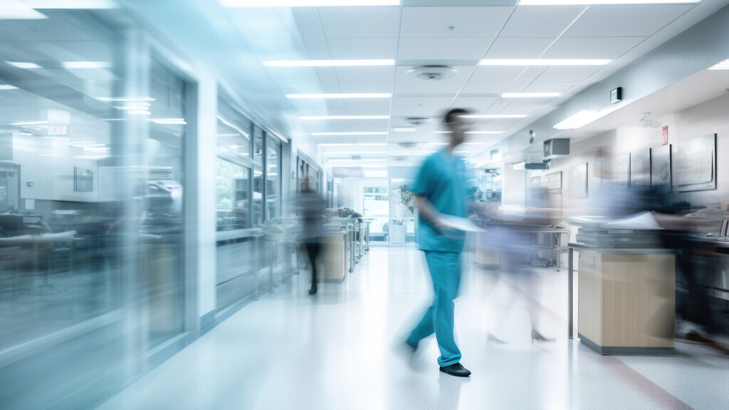 Medical officer walking in hospital hallway architecture building adult.