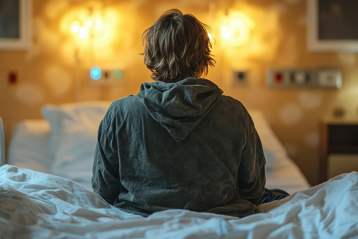 A person sitting at the edge of a hospital bed, facing away from the camera, symbolizing contemplation and solitude