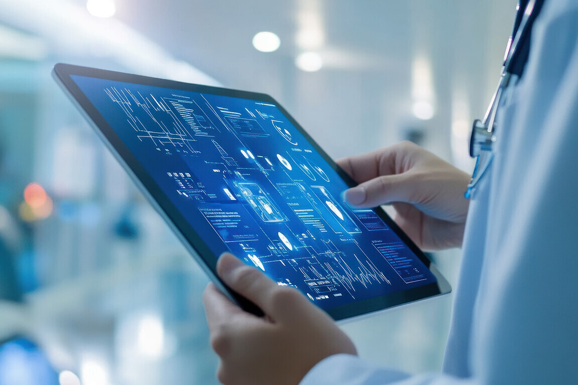 A healthcare professional is holding a tablet displaying advanced medical software with futuristic blue graphics, possibly reviewing patient data or medical records.