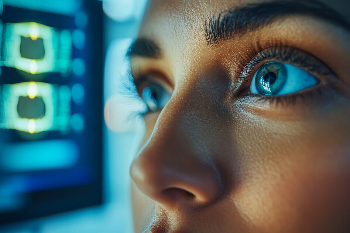 Detailed close-up of diabetic retinopathy medical treatment, showing advanced technology used for retinal scans, with concerned patient in the background