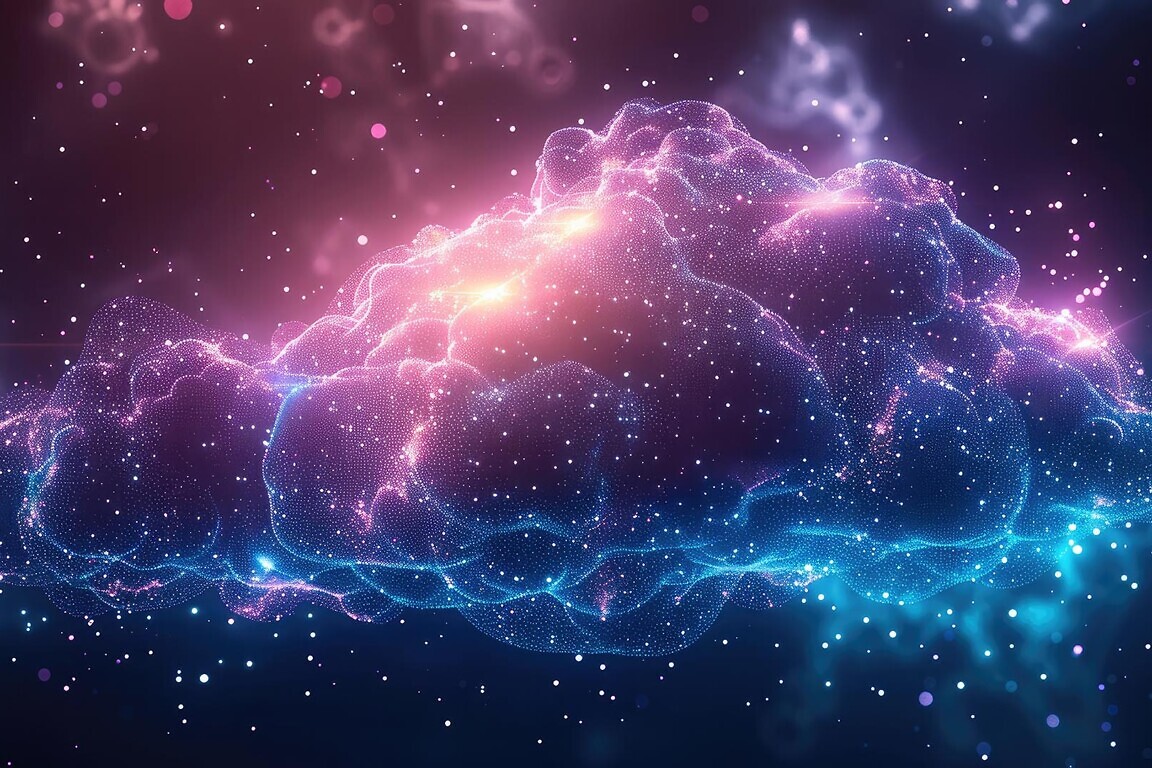 Secured hybrid multi-cloud software network, dark teal and purple. Digital cloud icon, storage and cyber security concept.