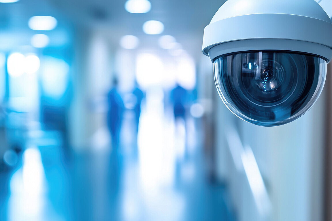 A close-up of a security camera in a hospital setting, highlighting the importance of patient safety and surveillance technology within healthcare facilities.