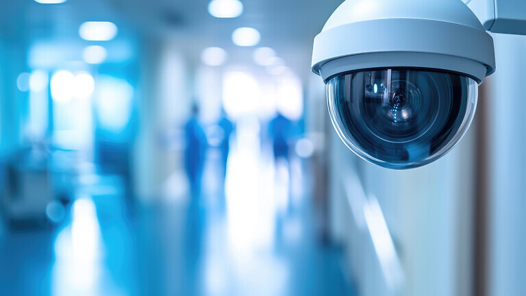 A close-up of a security camera in a hospital setting, highlighting the importance of patient safety and surveillance technology within healthcare facilities.