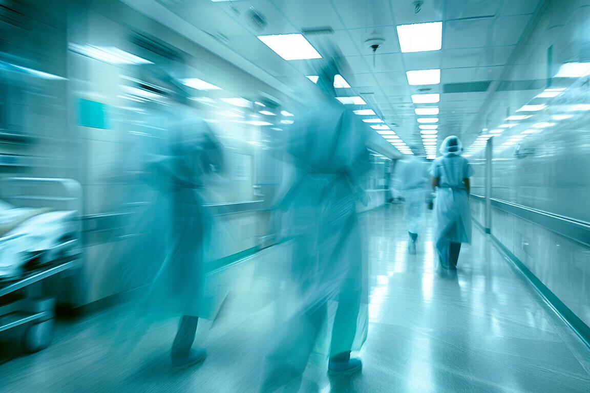 A motion blurred photograph of a hospital interior, doctor and staff working with fast movement