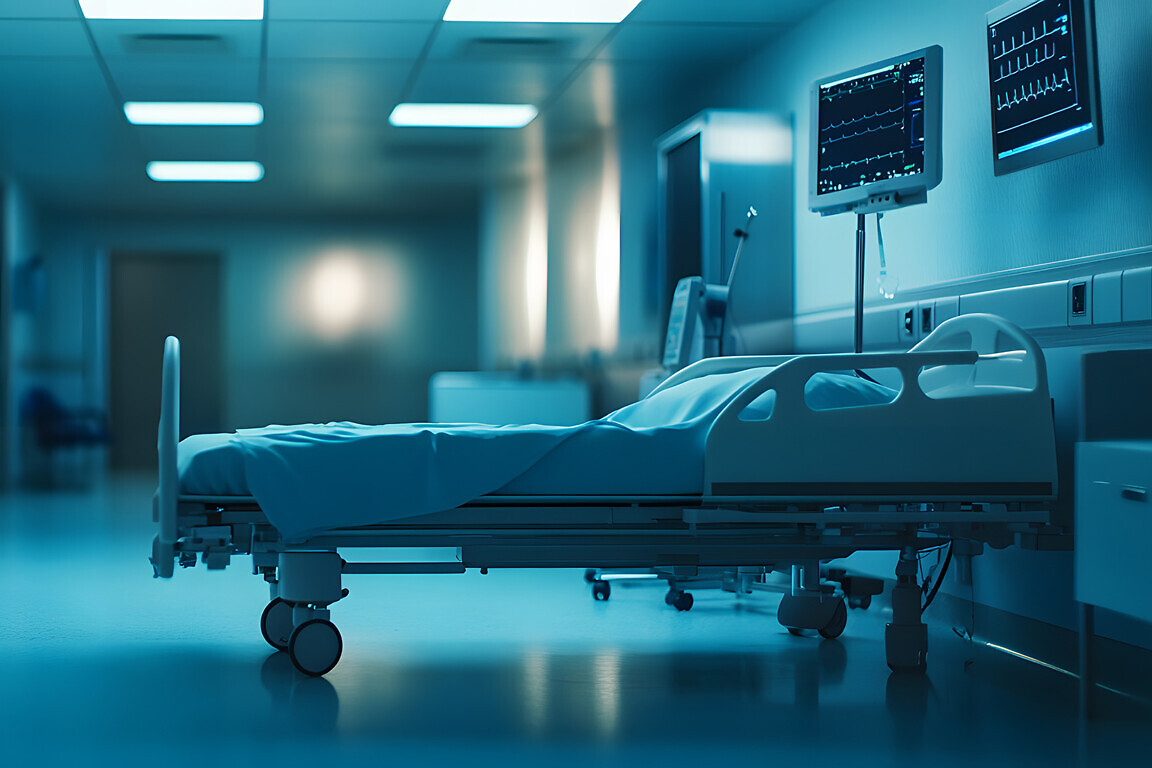 A single hospital bed stands alone in a sterile corridor, bathed in cool blue light The image evokes a sense of calm and quiet, but also a hint of loneliness and isolation