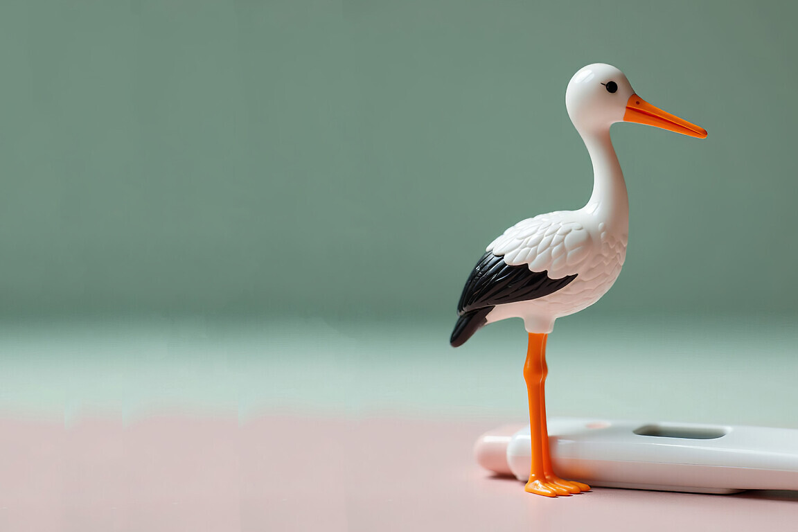 Stork figurine near pregnancy test, pastel background, free spac