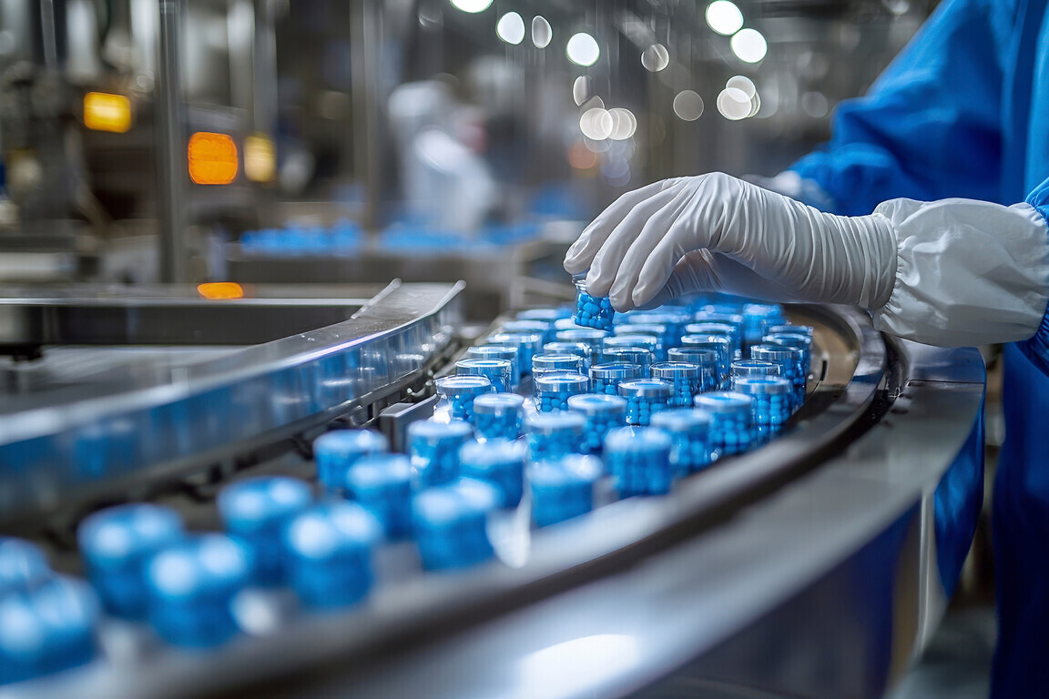 Pharmacist scientist with sanitary gloves examining medical vials on a production line conveyor belt in a pharmaceutical factory.