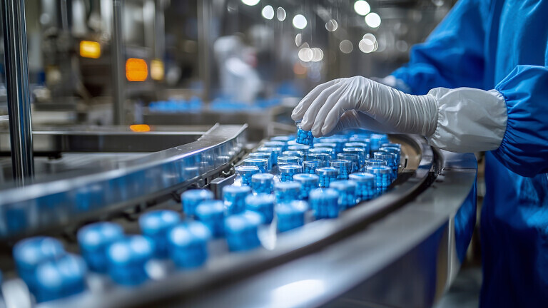 Pharmacist scientist with sanitary gloves examining medical vials on a production line conveyor belt in a pharmaceutical factory.