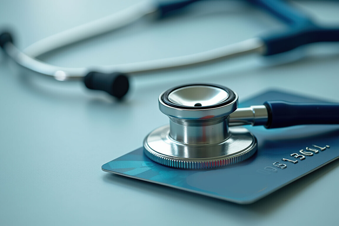 Close-up image of a stethoscope placed on a debit card, symbolizing the intersection of healthcare and financial aspects through health insurance concepts.