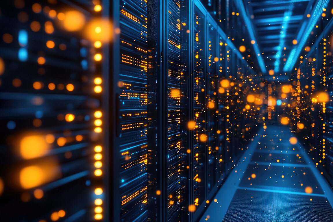 Server room filled with numerous yellow lights providing illumination and ambiance