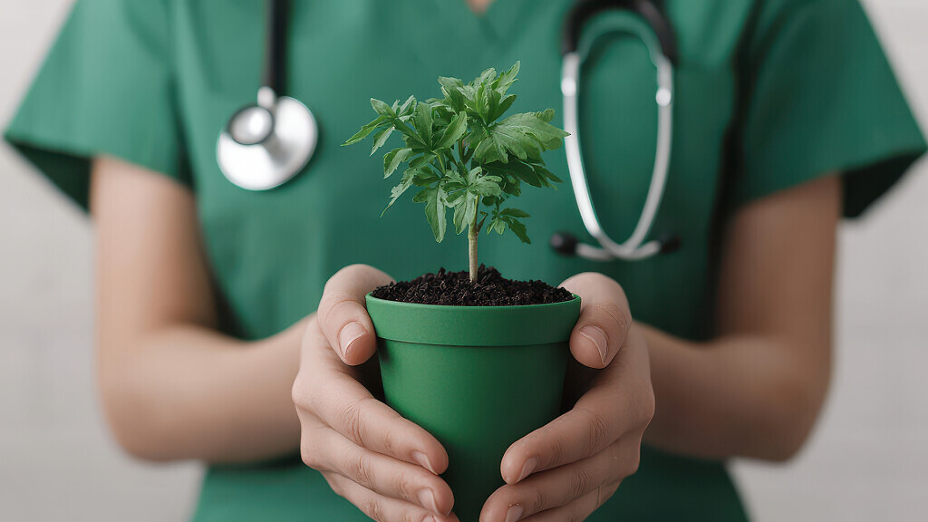 Nurse in green scrubs with eco-friendly supplies, sustainable healthcare.