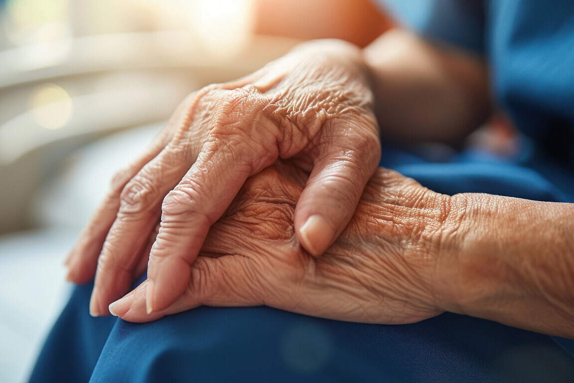 Close-up of caregiver holding hands with elderly patient during palliative care session, demonstrating the compassionate and supportive nature of end-of-life care.