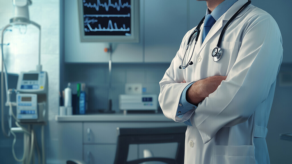 Doctor standing confidently in hospital with medical equipment