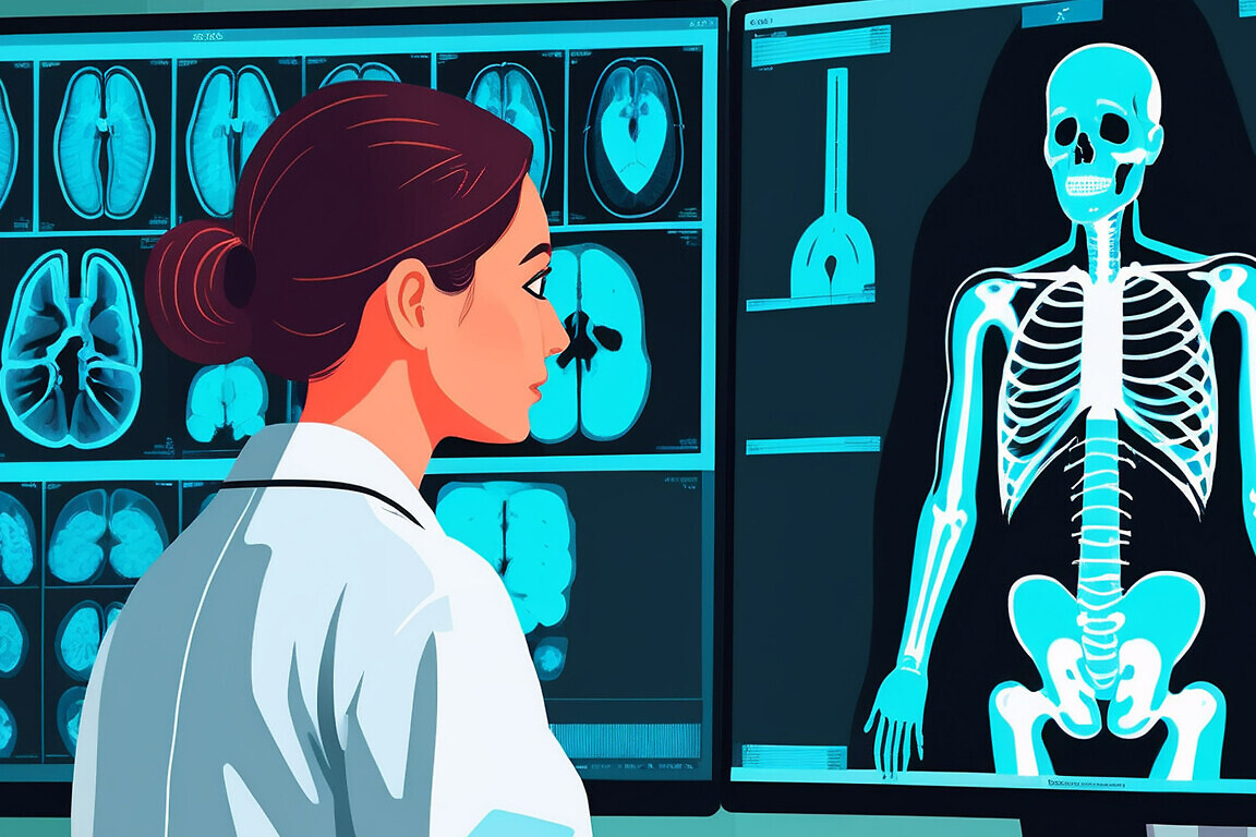 A doctor in a blue coat examines multiple medical scans on a computer screen.