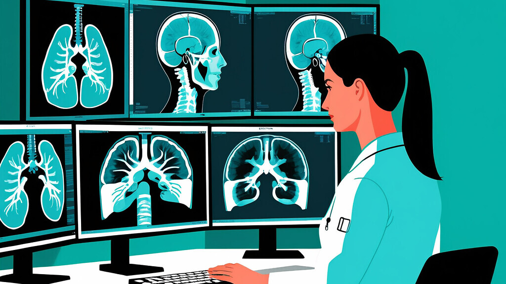 A doctor in a blue coat examines multiple medical scans on a computer screen.