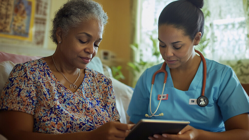 Healthcare professional in blue scrubs consulting with senior person.