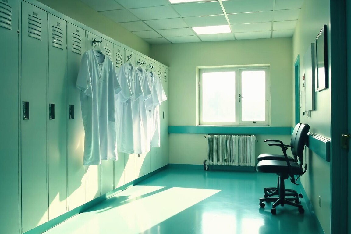 An empty room for hospital staff. White medical gowns hang on the cabinets