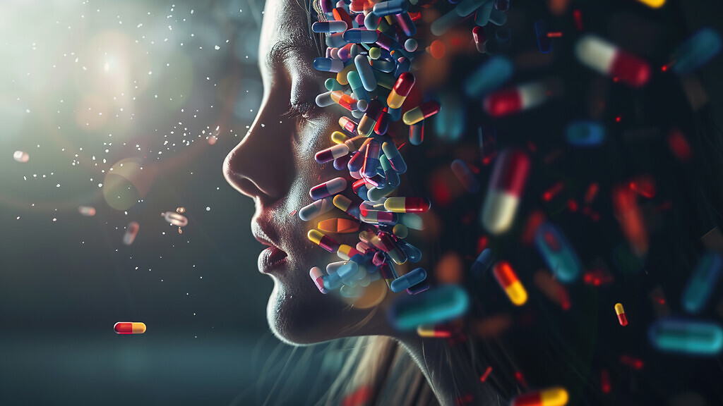 Conceptual portrait of a woman surrounded by colorful floating p