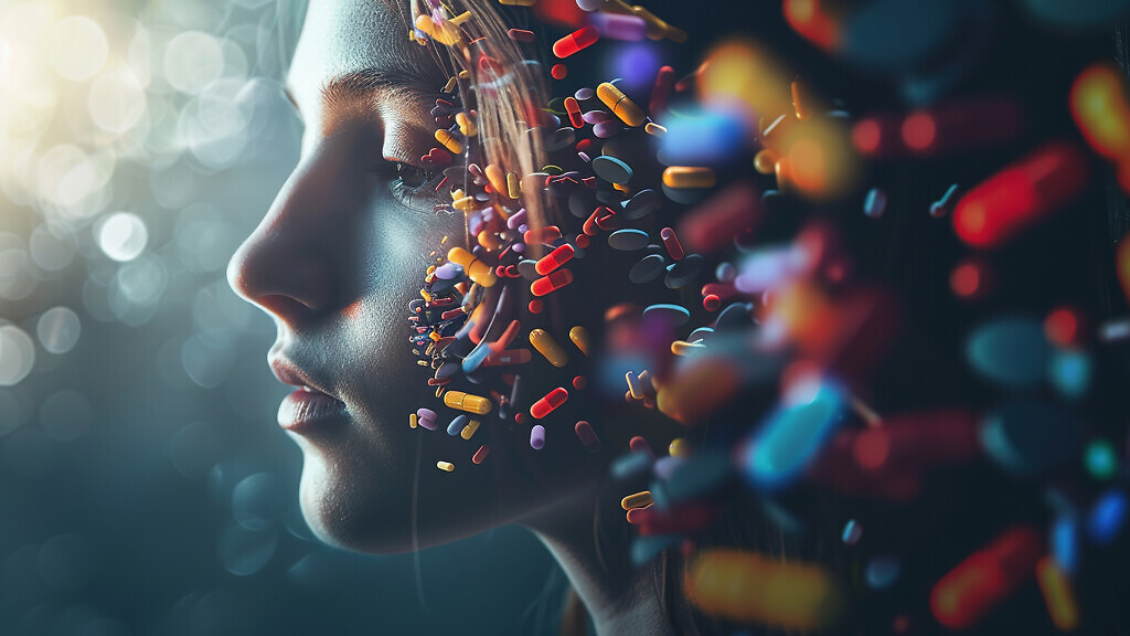 Conceptual portrait of a woman surrounded by colorful floating pills, symbolizing the intersection of mental health, medicine, and human emotions in a surreal artistic composition