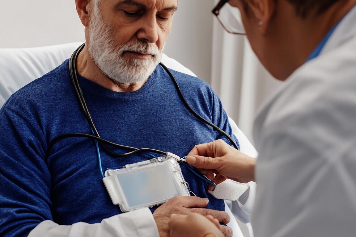 A dedicated doctor carefully attaches a medical device to a patient.