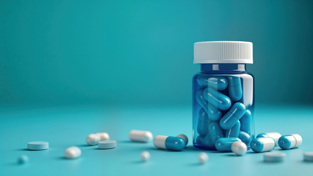 Blue pill bottle with white lid full of blue, white pills focus of vibrant modern pharmaceutical advertisement. Colorful pills showcase health care product. Modern design of pill bottle eye catching.