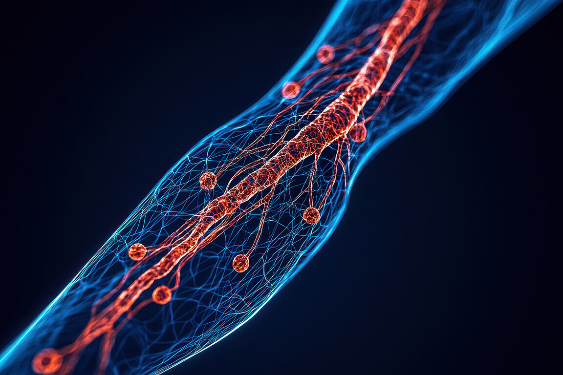 A digital simulation of deep vein thrombosis, with glowing markers highlighting the affected leg veins.