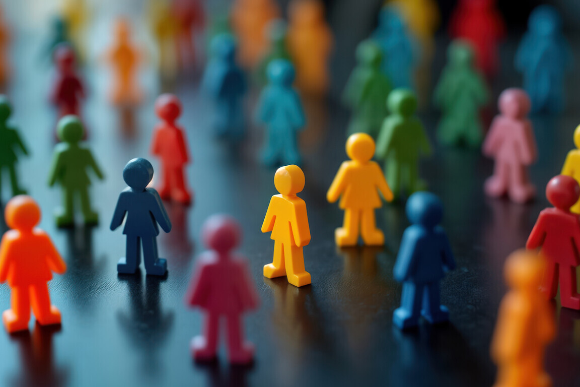 Colorful figurines stand on dark surface. Diversity, inclusion concept. Different colors represent diverse people. Equality, inclusion key ideas. Figurines show sense of community. Dark background