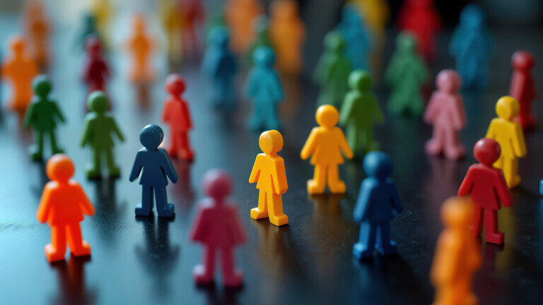 Colorful figurines stand on dark surface. Diversity, inclusion concept. Different colors represent diverse people. Equality, inclusion key ideas. Figurines show sense of community. Dark background